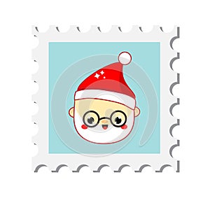 Chiristmas postal stamp with Santa Claus face. New year postage symbol. Vector icon