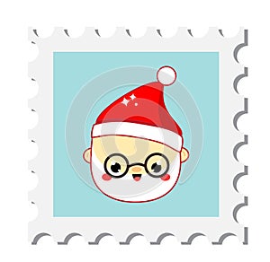 Chiristmas postal stamp with Santa Claus face. New year postage symbol. Vector icon