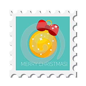 Chiristmas postal stamp with spruce bauble. New year postage symbol. Vector icon