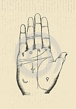 Chiromancy Hand Vector Rough Vector Vintage Illustration Design On Textured Background. Esoteric Concept