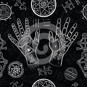 Chiromancy seamless background with human hands and mystic symbols