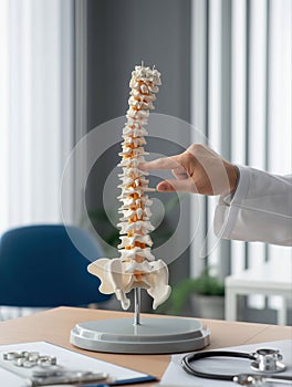 Chiropractic assessment using spine model to demonstrate posture issues, supporting wellness guidance, spinecare education,