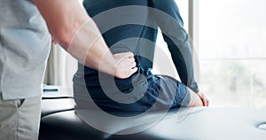 Chiropractor, hands and and patient with back pain in rehabilitation, physical therapy or person massage stress in