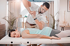 Chiropractor, massage and physiotherapy treatment for back muscle with a woman patient. Consulting healthcare, wellness