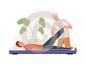 Chiropractor and patient at physiotherapy rehabilitation. Physiotherapist adjusting leg. Rehab chiropractic therapy and