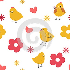 Chirping bird or small chicken hearts and flowers