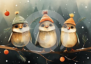 Chirpy Winter Trio: Adorable Birds on a Branch with Bright Smile