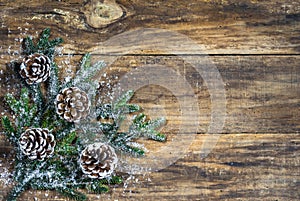 Chirstmas background with pine cones and fir tree branch