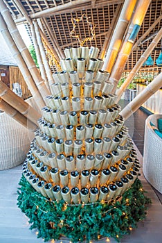 Chirstmas tree made from champaigne bottles