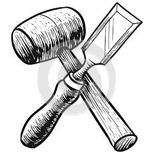 Chisel and mallet icon in sketch style.
