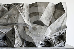 A chiseled concrete block with sharp edges and angular features placed on top of a table, Chiseled concrete block with sharp edges photo