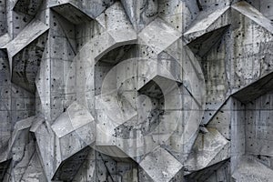 A chiseled concrete wall featuring numerous shelves attached at various angles, Chiseled concrete block with sharp edges and photo