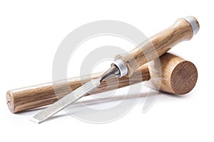 Chissel and woodworkers wooden small mallet isolated photo