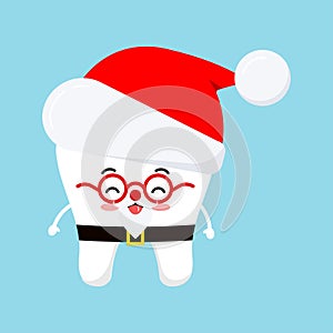 Chistmas cute tooth in Santa Claus costume - red hat icon in cartoon flat style isolated on white background.