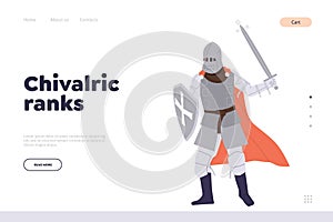 Chivalric ranks landing page design template with battle warrior in armor holding weapon for fight photo
