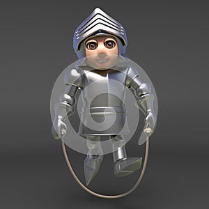 Chivalrous knight in plate metal armour plays with skipping rope, 3d illustration