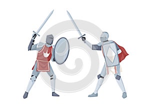 Chivalry tournament. Two medieval knights in armor fighting with swords. Warriors holding shields in war battle. Flat photo