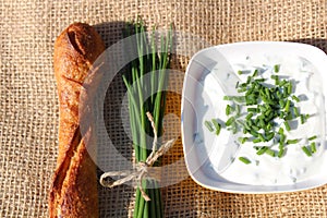 Chives curd, chives and bread