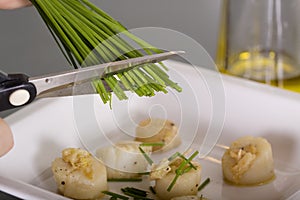 Chives on scallops photo