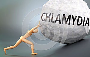 Chlamydia and painful human condition, pictured as a wooden human figure pushing heavy weight to show how hard it can be to deal