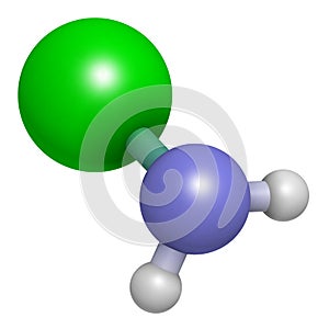 Chloramine (monochloramine) disinfectant molecule. 3D rendering.  Readily decomposes, resulting in hypochlorous acid formation.