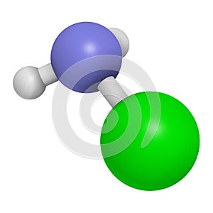 Chloramine (monochloramine) disinfectant molecule. 3D rendering.  Readily decomposes, resulting in hypochlorous acid formation.