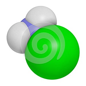 Chloramine (monochloramine) disinfectant molecule. 3D rendering.  Readily decomposes, resulting in hypochlorous acid formation.