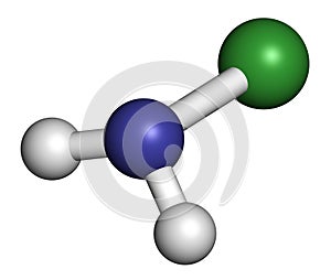 Chloramine (monochloramine) disinfectant molecule. Readily decomposes, resulting in hypochlorous acid formation. Atoms are