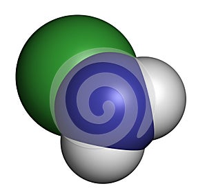 Chloramine (monochloramine) disinfectant molecule. Readily decomposes, resulting in hypochlorous acid formation. Atoms are