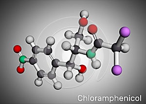 Chloramphenicol molecule. It is bacteriostatic broad-spectrum antibiotic. Molecular model. 3D rendering photo