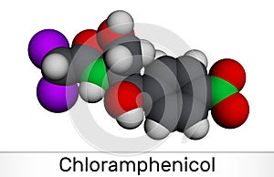 Chloramphenicol molecule. It is bacteriostatic broad-spectrum antibiotic. Molecular model. 3D rendering photo