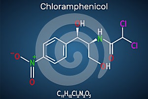 Chloramphenicol molecule. It is bacteriostatic broad-spectrum antibiotic. Structural chemical formula on the dark blue photo