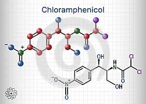 Chloramphenicol molecule. It is bacteriostatic broad-spectrum antibiotic. Structural chemical formula and molecule model photo