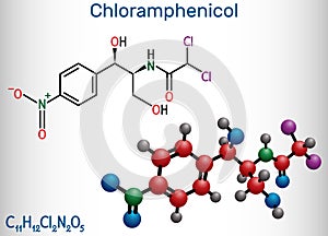 Chloramphenicol molecule. It is bacteriostatic broad-spectrum antibiotic. Structural chemical formula and molecule model photo