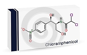 Chloramphenicol molecule. It is bacteriostatic broad-spectrum antibiotic. Structural chemical formula and molecule model photo
