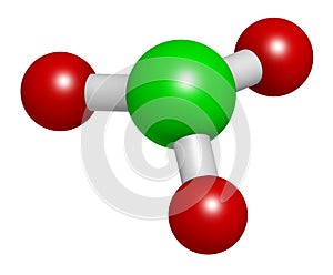 Chlorate anion, chemical structure. 3D rendering. Atoms are represented as spheres with conventional color coding: chlorine (green photo