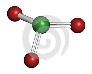 Chlorate anion, chemical structure. 3D rendering. Atoms are represented as spheres with conventional color coding: chlorine (green photo