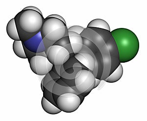 Chlorcyclizine antihistamine drug molecule. Used in treatment of allergy, urticaria, rhinitis and pruritus and possibly also to