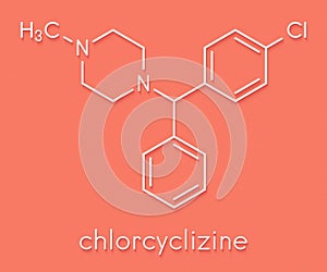 Chlorcyclizine antihistamine drug molecule. Used in treatment of allergy, urticaria, rhinitis and pruritus and possibly also to.