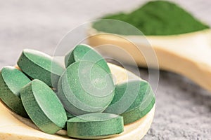 Chlorella , spirulina - tablets - macro shot