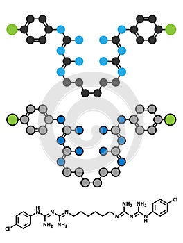 Chlorhexidine antiseptic molecule. Stylized 2D renderings and conventional skeletal formula