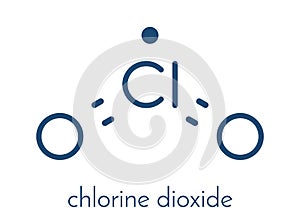 Chlorine dioxide ClO2 molecule. Used in pulp bleaching and for disinfection of drinking water. Skeletal formula.