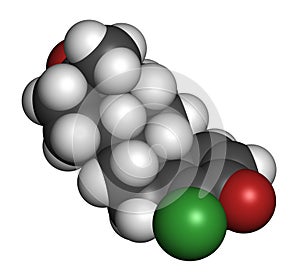 Chlorodehydromethyltestosterone (CDMT) androgenic and anabolic steroid molecule, used in sports doping. 3D rendering. Atoms are