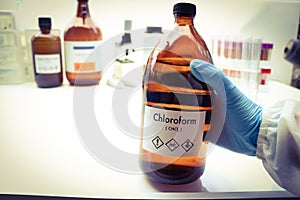 chloroform in bottle , chemical in the laboratory and industry