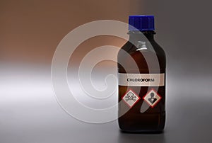 Chloroform in brown laboratory bottle stock images