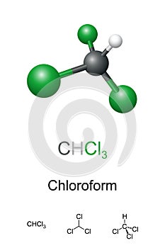Chloroform, trichloromethane, CHCl3, molecule model, chemical formula