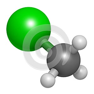 Chloromethane (methyl chloride) molecule. 3D rendering.  Atoms are represented as spheres with conventional color coding: hydrogen