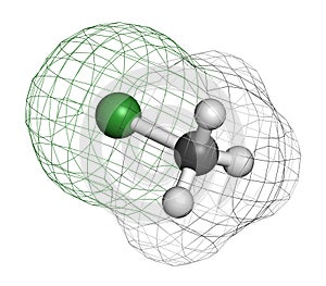 Chloromethane methyl chloride molecule. Atoms are represented as spheres with conventional color coding: hydrogen white,. photo