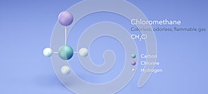 chloromethane, molecular structures, flammable gas, ball and stick model 3d, Structural Chemical Formula and Atoms with Color photo