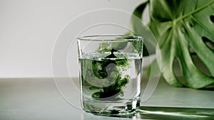 Chlorophyll extract is poured in pure water in glass against a white grey background with green leaf photo